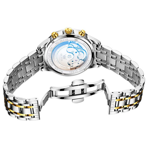 OLEVS Skeleton Men Watches Automatic Business Luxury Diamond Self Winding Watch for Men Stainless Steel Calendar Blue Wrist Watch