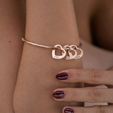 MyNameNecklace MYKA - Personalized Bracelet Bangle with Heart Pendants - Custom Made Multiple Pendant Jewelry Wife Women Christmas Gift (Rose Gold Plated Sterling Silver) MyNameNecklace