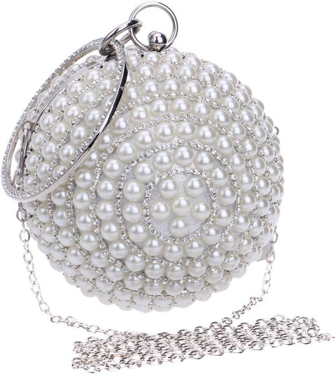 Tngan Womens Evening Bag Round Ball Wedding Handbag Artificial Pearl Purse Silvery Tngan