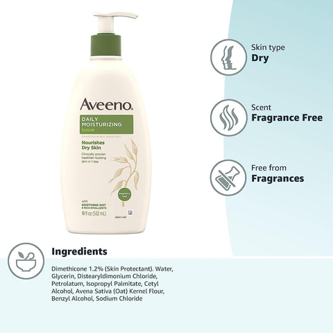 Aveeno Daily Moisturizing Body Lotion, Body Lotion for Dry Skin with Prebiotic Oat, Paraben Free, Fragrance Free, Non-Greasy, Non-Comedogenic Moisturizer, 18 FL OZ Aveeno