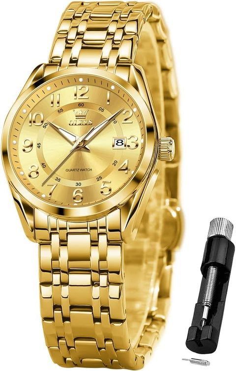 OLEVS Gold Watches for Women Luxury Dress Analog Lady Watch for Ladies Stainless Steel Waterproof Luminous Elegant Female Wrist Watch