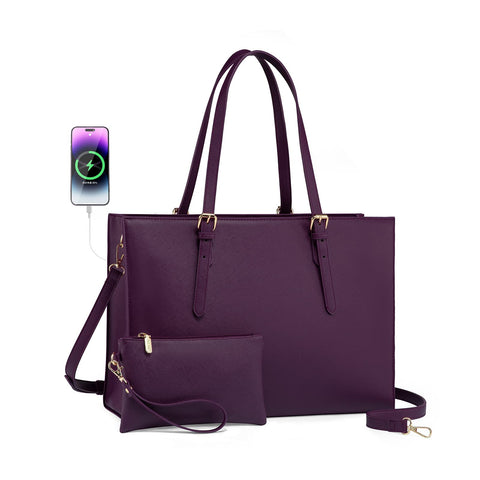 LOVEVOOK 15.6 Inch Laptop Bag for women, Large Waterproof PU Leather Work Briefcase with USB Charging Port Casual Computer Shoulder Messenger Fashion Business Office Tote Handbag Purse, Purple LOVEVOOK