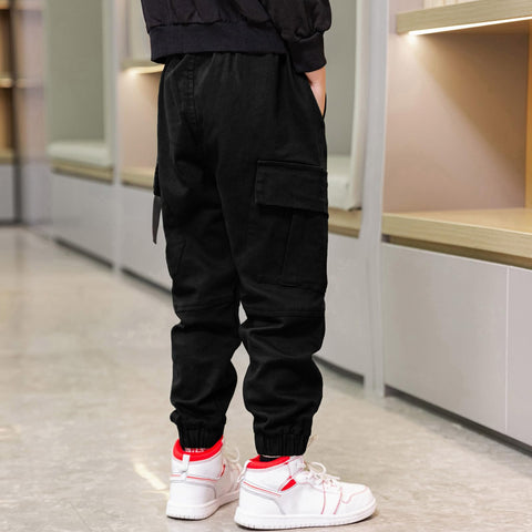 Boys Cargo Pants Cotton Casual Pants Elastic Waist Hiking School Uniform Sweatpants Joggers (Black, 10-12)