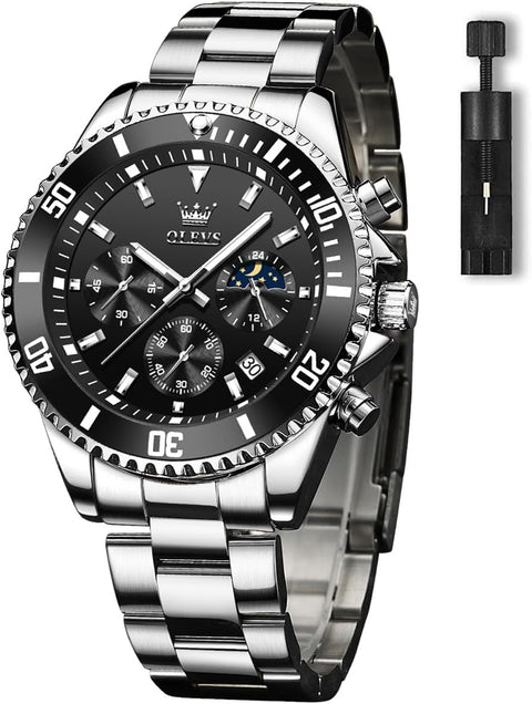 OLEVS Watch for Mens Black Face Stainless Steel Chronograph Watches Men Big Dial Classic Rotatable Bezel Silver with Day-Date Luxury Watches for Mens Dress Father Gift Watch Reloj De Hombre