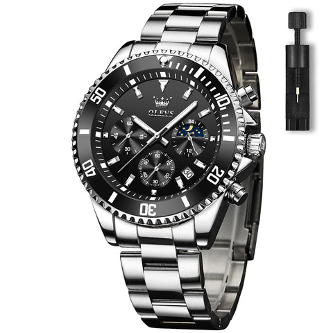 OLEVS Watch for Mens Black Face Stainless Steel Chronograph Watches Men Big Dial Classic Rotatable Bezel Silver with Day-Date Luxury Watches for Mens Dress Father Gift Watch Reloj De Hombre