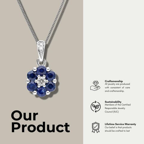 Gemondo USA 14K White Gold Round Blue Sapphire & Diamond Classic Flower Pendant
