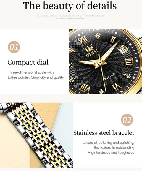 OLEVS Women Automatic Watch Diamond Mechanical Self Winding Fashion Elegant Dress Wrist Watch Black Luminous Waterproof Stainless Steel Date OLEVS