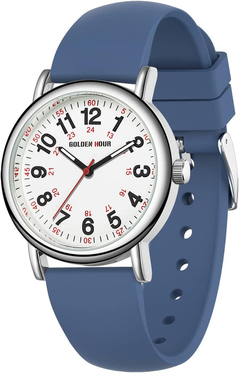 GOLDEN HOUR Waterproof Nurse Watch, 38mm, 24-hour Luminous Dial, Red Second Hand, Silicone Band, Navy Blue