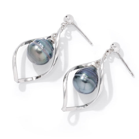 JTV Tahitian Pearl Drop Earrings for Women - Cultured Pearls in Rhodium Over Sterling Silver - Timeless Luxury Jewelry Gift-Boxed - Elegant Black Pearl Earrings for Anniversary, Birthday, & Holiday