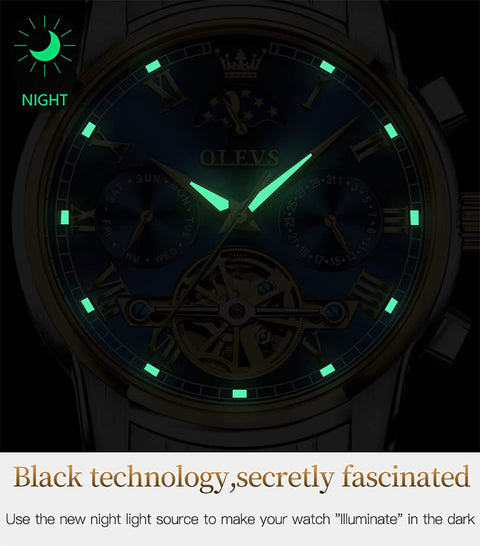OLEVS Men's Automatic Mechanical Watches Luxury Dress Waterproof Self Winding Moon Phase Chronograph Stainless Steel Luminous Date Tourbillon Wristwatch for Men (Blue Dial and Gold Silver Strap) OLEVS