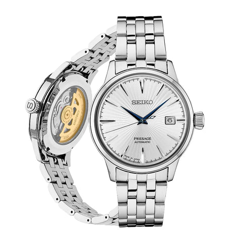 SEIKO SRPB77 Automatic Watch for Men - Presage Cocktail Time - Patterned Silver Dial with Gloss Finish, Date Calendar, 50m Water-Resistant SEIKO