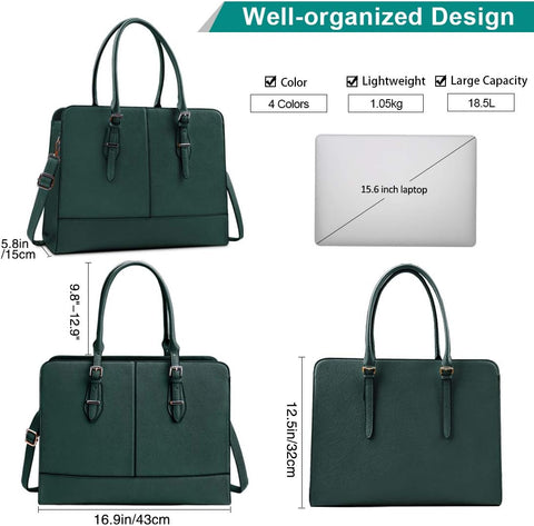 Laptop Bag for Women Leather Work Tote 15.6 Inch Laptop for Computer Bag Waterproof Business Office Professional Large Capacity Handbag Shoulder Bag DeepGreen KTMOUW