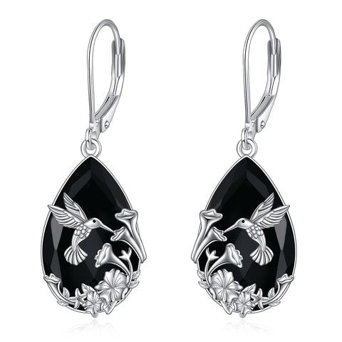 YFN Hummingbird Earrings Sterling Silver Black Tourmaline Dangle Drop Earrings Crystal Healing Jewelry Spiritual Protection Gifts for Women