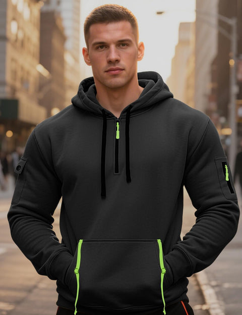 QOSOQ Men's Pullover Hoodies Quarter Zip Long Sleeve Shirts Drawstring Sports Casual Hooded Sweatshirts with Pockets Black