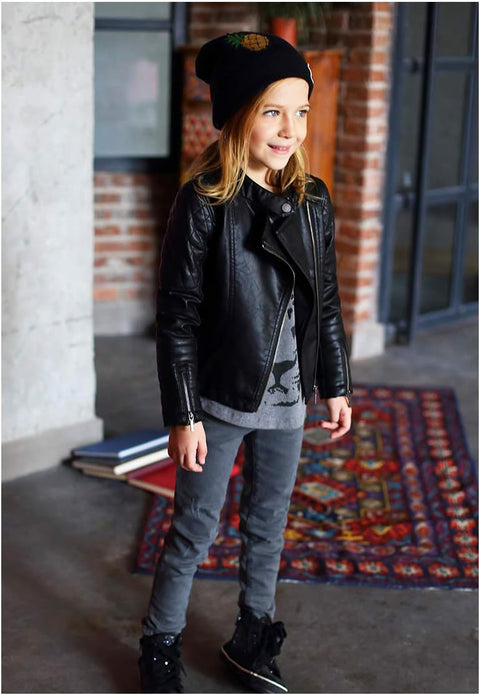 LJYH Girls Faux Leather Quilted Motorcycle Jackets Kids Spring Biker Coats Black 7/8yrs