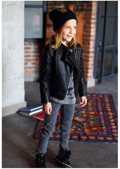 LJYH Girls Faux Leather Quilted Motorcycle Jackets Kids Spring Biker Coats Black 7/8yrs