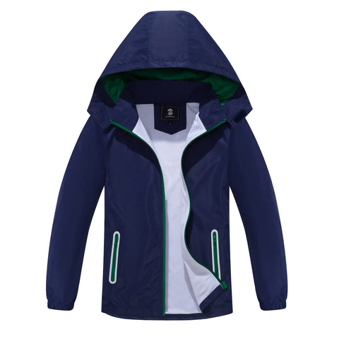 SaphiRose Kids Rain Jacket Waterproof Raincoat Mesh Lined Coat with Removable Hood for Boys Girls (Navy,10-12 years)