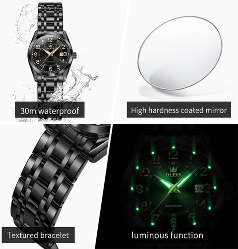 OLEVS Ladies Watches Black Business Easy Read Calendar Business Watch for Female Waterproof Simple Classic Gift Watch for Women