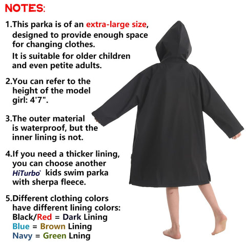 Hiturbo Kids Waterproof Swim Parka: Thin Fleece Swimming Coat - Oversized Swimmer Jacket - Knee Length Swim Team Outfit (9-13Y, Black)