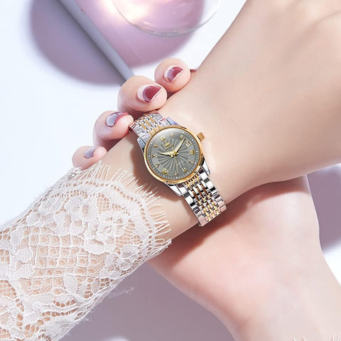 OLEVS Womens Automatic Watch Diamond Fashion Luxury Dress Mechanical Self Winding Stainless Steel Ladies Wrist Watches for Women Luminous Waterproof OLEVS
