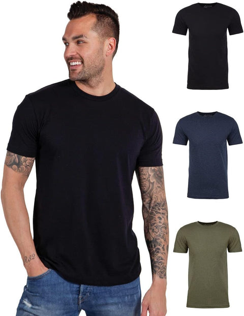 INTO THE AM Premium Men's Fitted Crew Neck Plain Essential Tees 3-Pack - Modern Fit Fresh Classic Short Sleeve T-Shirts for Men (Black/Navy/Olive Green, Large)
