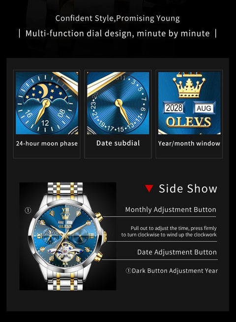 OLEVS Skeleton Men Watches Automatic Business Luxury Diamond Self Winding Watch for Men Stainless Steel Calendar Blue Wrist Watch