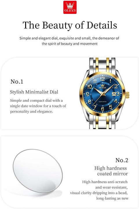 OLEVS Womens Watches Classic Business Two Tone Analog Quartz Female Wristwatch Ladies Luminous Calendar Easy Read Blue Reloj de Mujer