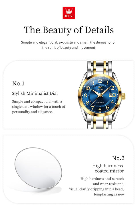 OLEVS Womens Watches Classic Business Two Tone Analog Quartz Female Wristwatch Ladies Luminous Calendar Easy Read Blue Reloj de Mujer