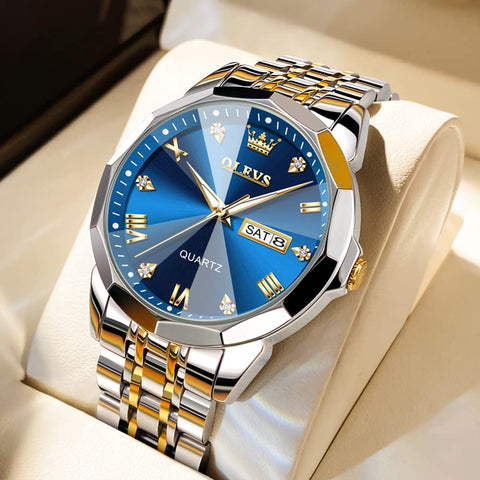 OLEVS Watch for Men Blue Big Face Watch for Men Two Tone Men's Wrist Watches Stainless Steel Waterproof Casual Fashion Mens Watches Luxury Diamond Quartz Men Watch relojes para Hombres OLEVS