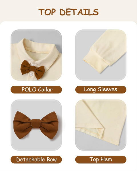 YALLET Toddler Baby Boy Clothes Polo Neck Long Sleeve Tops with Removable Bowtie + Overalls Fall Winter Outfits Set(3-4T, Apricot/Brown)