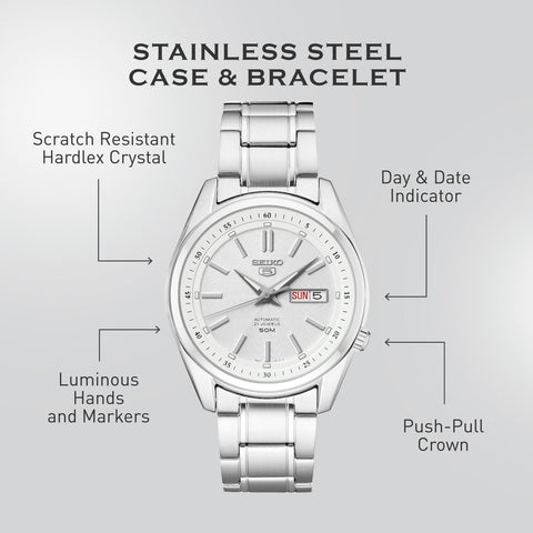 SEIKO SNKM83 Automatic Watch for Men 5-7S Collection - Silver-on-White Dial with Luminous Hands, Day/Date Calendar, Stainless Steel Case & Bracelet SEIKO