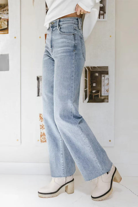 KDF Straight Leg Jeans for Women High Waisted Jeans Frayed Baggy Pants Raw Hem Loose Stretchy Cropped Wide Leg Jeans Light Blue Size 8