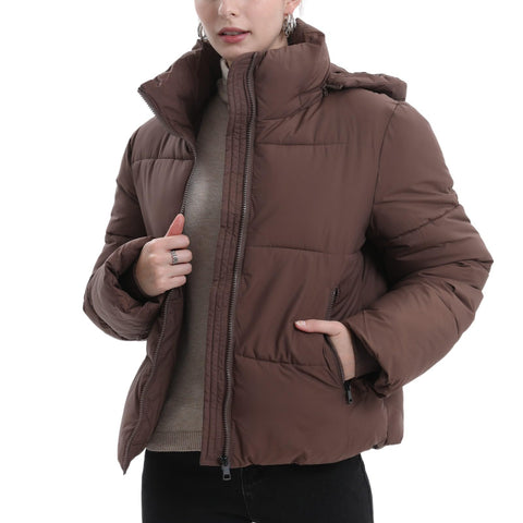 PUFFIT Women's Cropped Puffer Jackets,Warm Winter Jacket with Removable Hood,Zipped Pockets,Short Ladies Quilted Coat PUFFIT