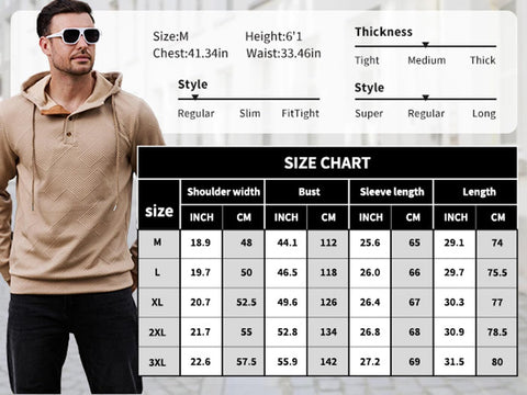 Mens Fashion Pullover Hoodies Long Sleeve Thermal Drawstring Button Texture Hooded Sweatshirt Grey