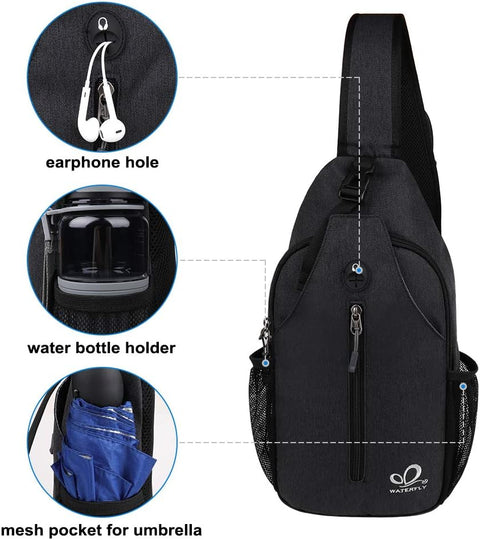 WATERFLY Crossbody Sling Backpack Sling Bag Travel Hiking Chest Bag Daypack (Black)