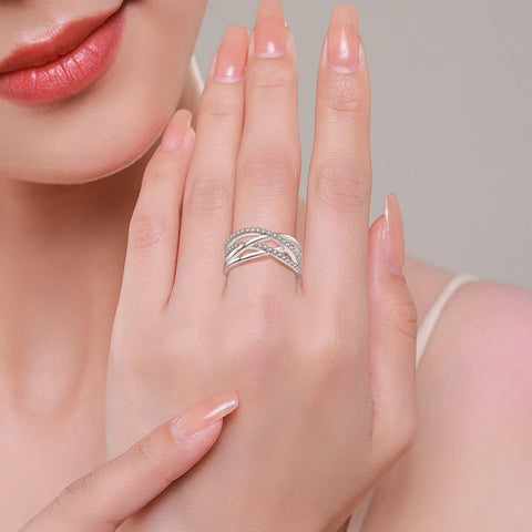 Veshon 925 Sterling Silver Infinity Criss Cross Celtic Knot Ring, 18K White Gold Plated Double X Crossover band Rings Cubic Zirconia CZ Diamond Statement Rings for Women, Size 7 Veshon
