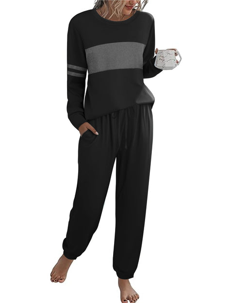 Ekouaer Womens Lounge Sets 2 Piece Outfits 2025 Long Sleeve Pajama Crewneck Sleepwear Sweatsuits with Pockets Black, Small