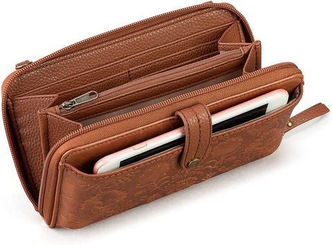 The Sak Iris Smartphone Crossbody Purse - Women's Cellphone Bag & Wallet For Everyday - Convertible Wristlet With Zipper in Tobacco Floral Embossed/Leather The Sak