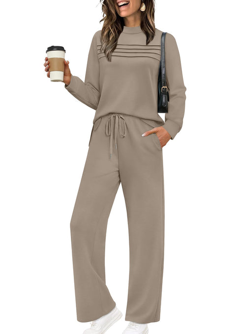 Lounge Sets for Women Fall 2 Piece Outfits Travel Vacation Clothes Trendy Matching Sets Women Clothing Wide Leg Crop Pants Set Travel Sweat Set Going Out Active Track Suits Brown M