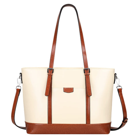 Over Earth Leather Tote Bag for Women Large Leather Handbags Shoulder Work Purses(O187E Beige/Brown) Over Earth