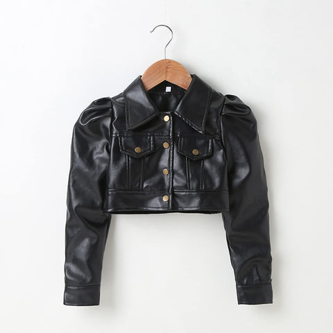 WASAIGOOD Toddler Girls Motorcycle Jackets PU Faux Leather Coat Turn-Down Collar Long Sleeve Crop Tops Outerwear Coats (black,6-7 years)