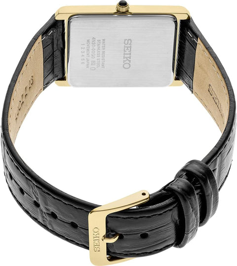 SEIKO SWR052 Watch for Men - Essentials - Water Resistant with Gold-Tone Stainless Steel Rectangular Case, White Dial with Roman Numerals, and Black Leather Strap