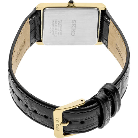 SEIKO SWR052 Watch for Men - Essentials - Water Resistant with Gold-Tone Stainless Steel Rectangular Case, White Dial with Roman Numerals, and Black Leather Strap