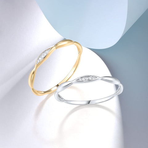 Santuzza 10K Yellow Solid Gold Genuine Diamond Dainty Twisted Stacking Ring for Women (6) Santuzza