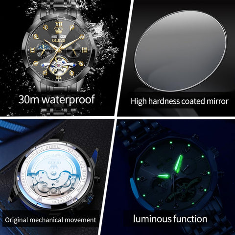 OLEVS Black Self Winding Watches for Men Mechanical Business Dress Skeleton Waterproof Luminous Date Automatic Luxury Casual Man Watch
