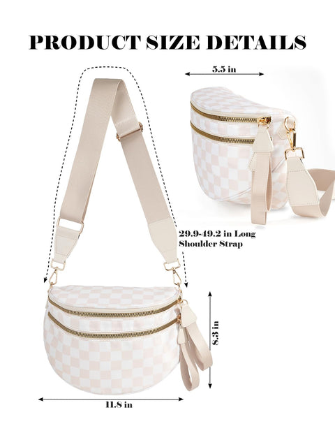 Black and White Checkered Crossbody Bum Bag for Women,Spacious Checkered Purse Fanny Packs Belt Bag Sling Bag with Shoulder Strap (Beige Checkered)