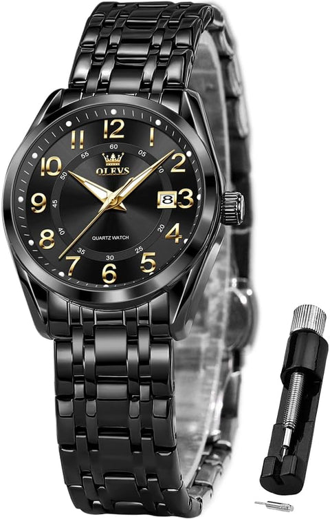 OLEVS Ladies Watches Black Business Easy Read Calendar Business Watch for Female Waterproof Simple Classic Gift Watch for Women