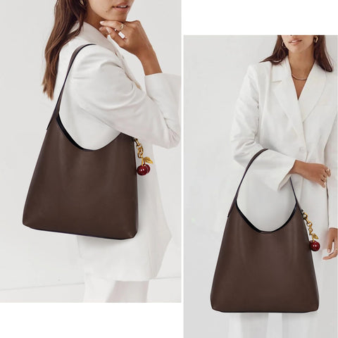 Faux Suede Hobo Bags Vegan Leather Shoulder Bag Tote for Women with Cherry Charm Slouchy Designer Handbag Purse Fall Fashion