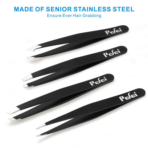 Pefei Tweezers Set - Professional Stainless Steel Tweezers for Eyebrows - Great Precision for Facial Hair, Splinter and Ingrown Hair Removal (Black) Pefei