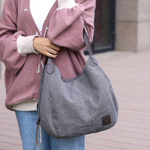 DOURR Women's Multi-pocket Shoulder Bag Fashion Cotton Canvas Handbag Tote Purse (Gray - Medium Size)